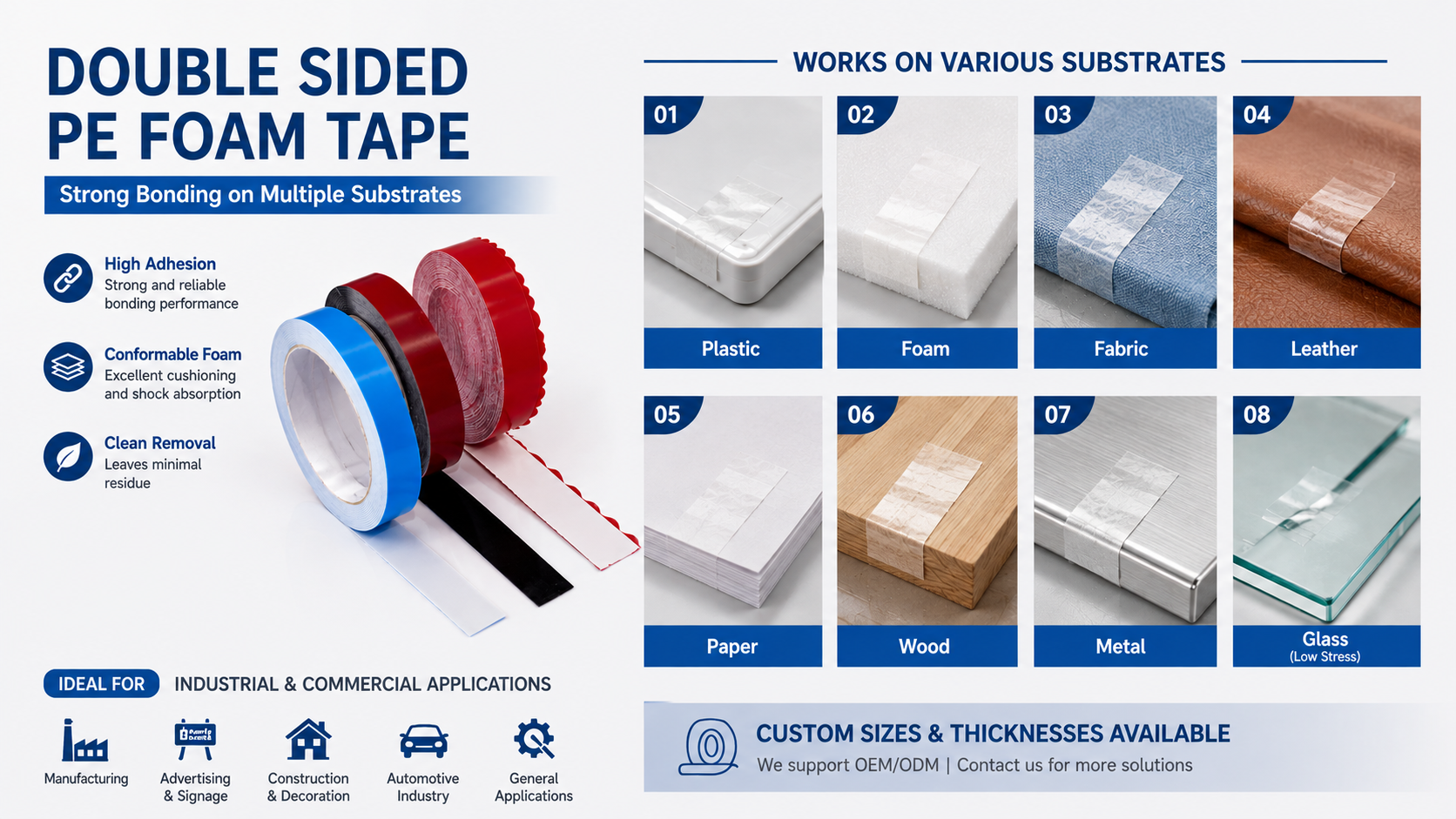 Suitable substrates for Double Sided PE Foam Tape