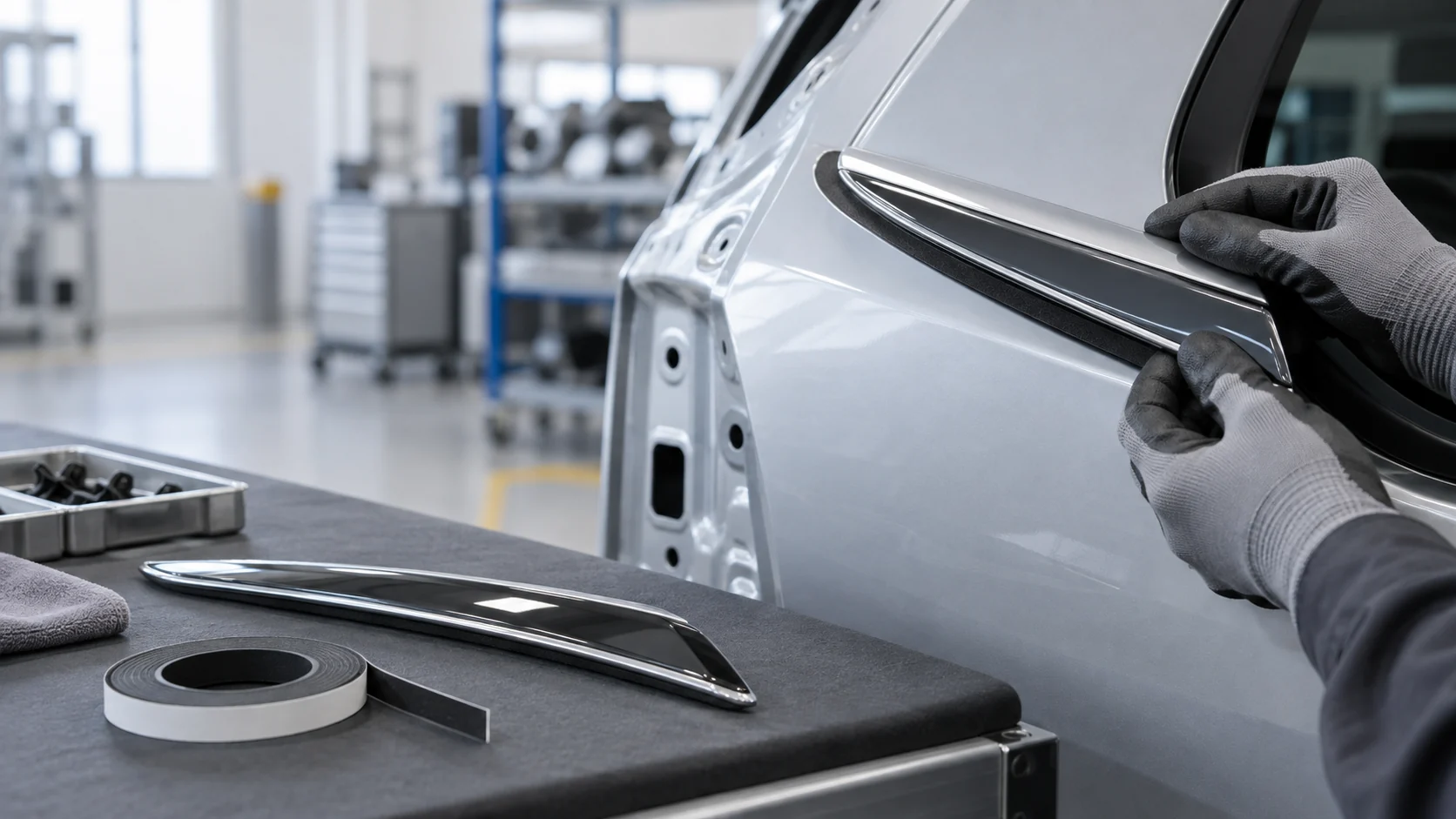 Double-sided PE foam tape bonding curved automotive trim to a painted panel