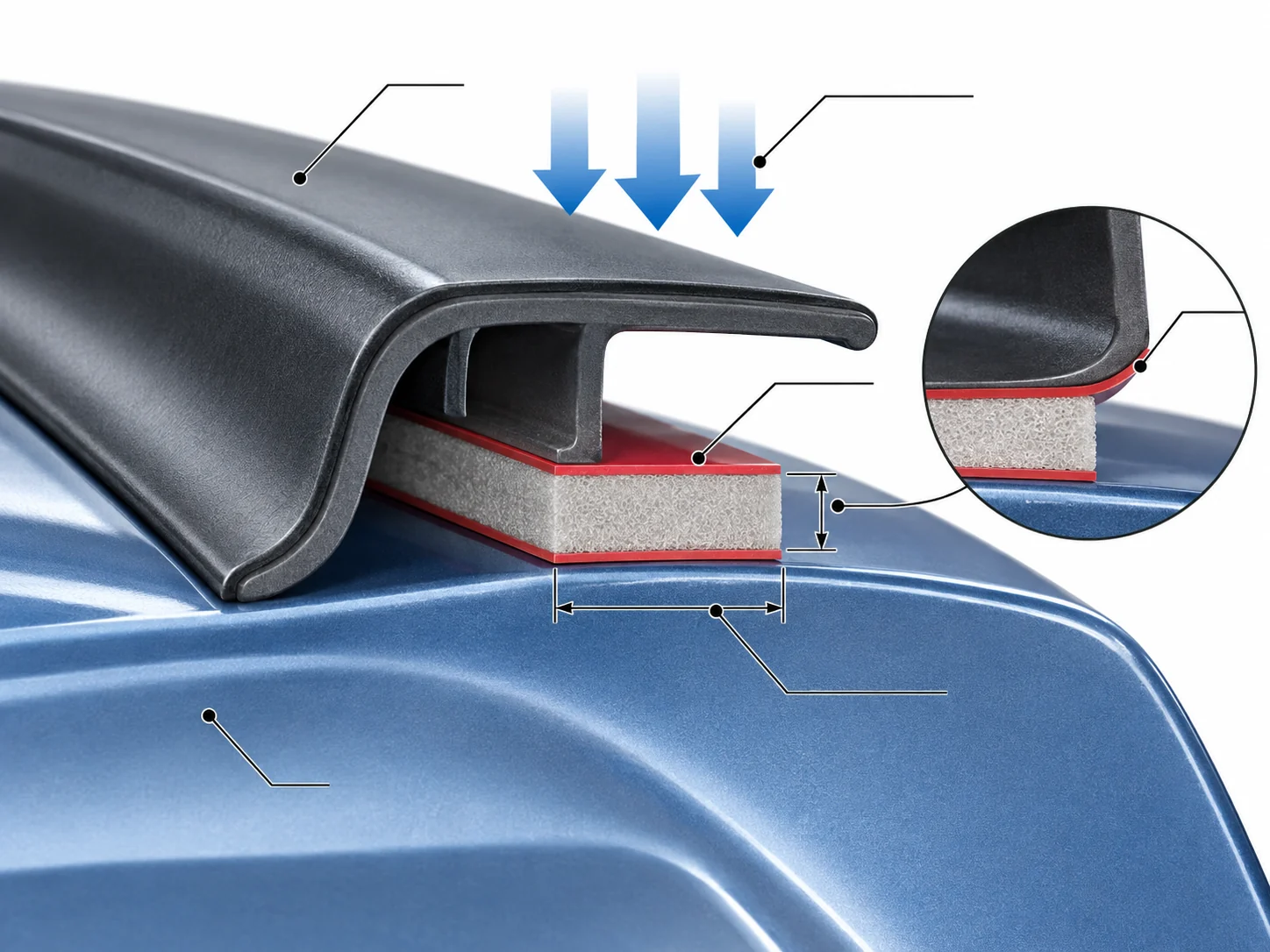 Joint geometry and PE foam tape thickness variables for automotive trim bonding